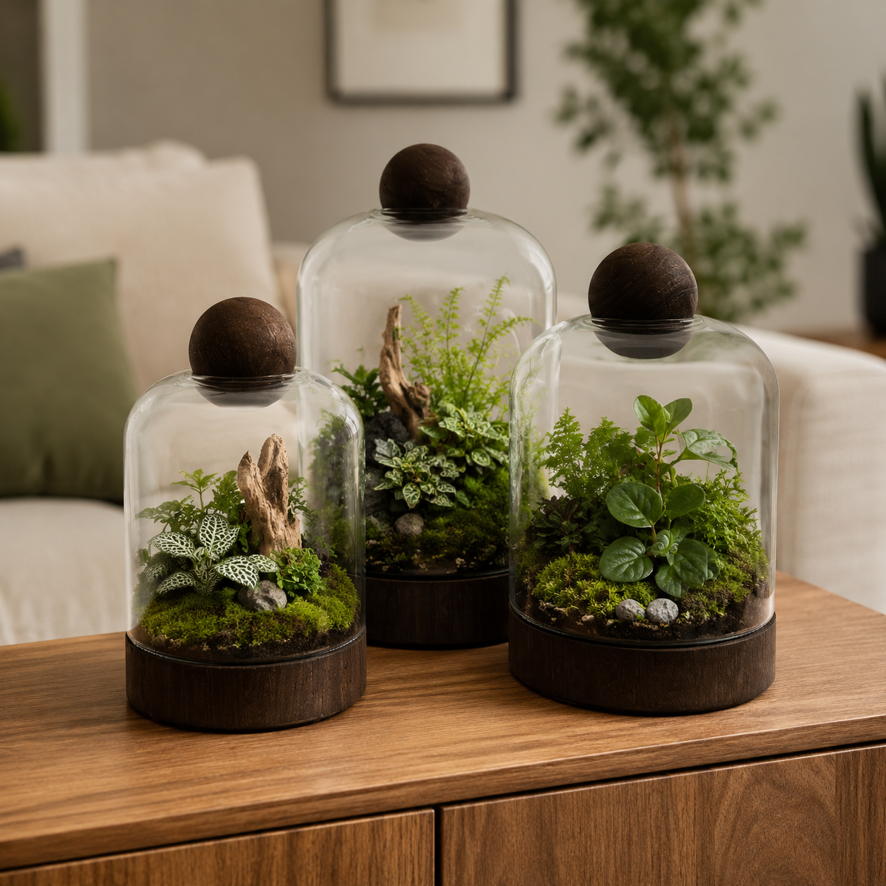 Glass Terrariums with Dark Wood Bases – Multiple Shapes & Sizes