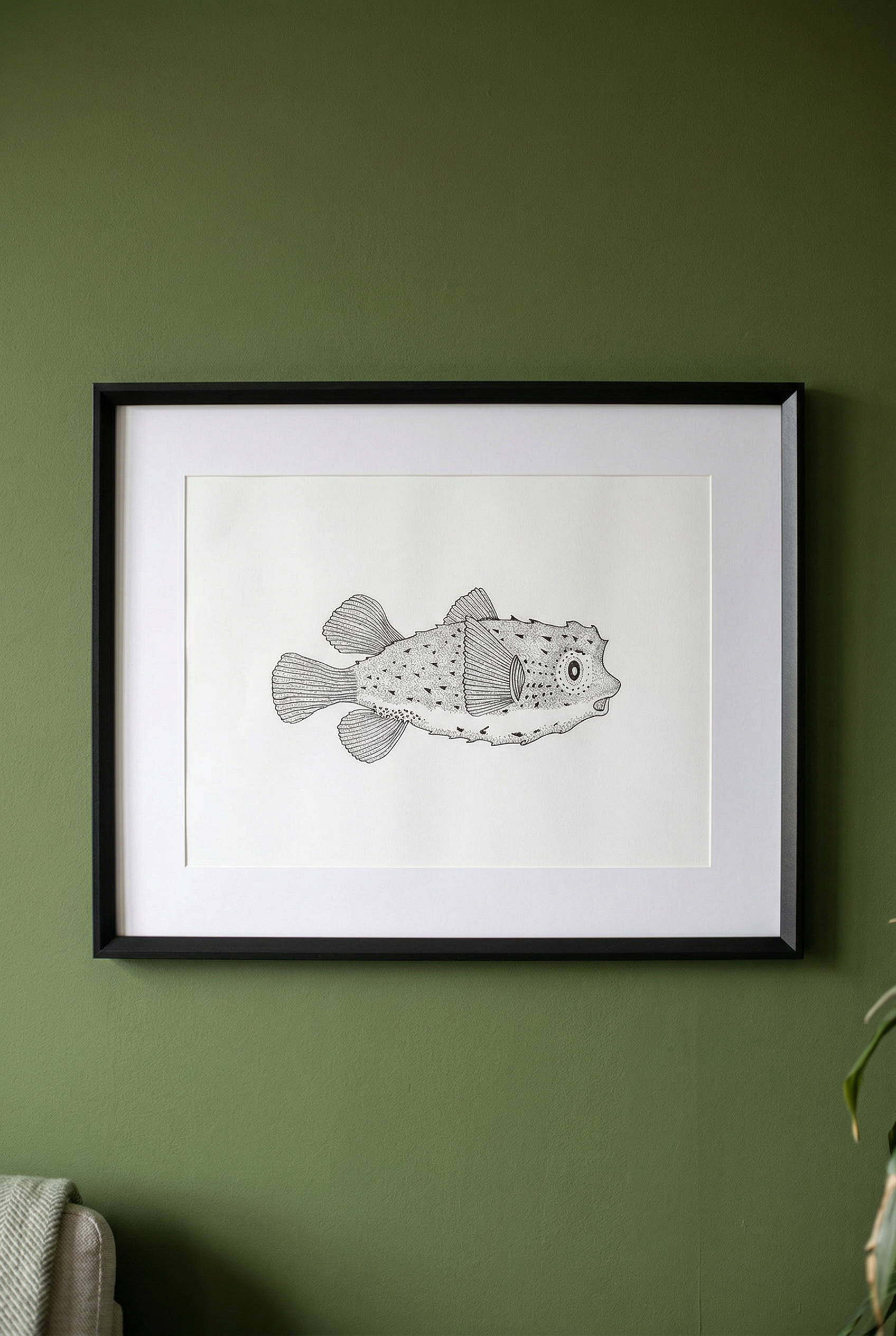 Framed Fish Illustration Artwork – Original Hand Drawn Wall Art – Vintage Gold Frame