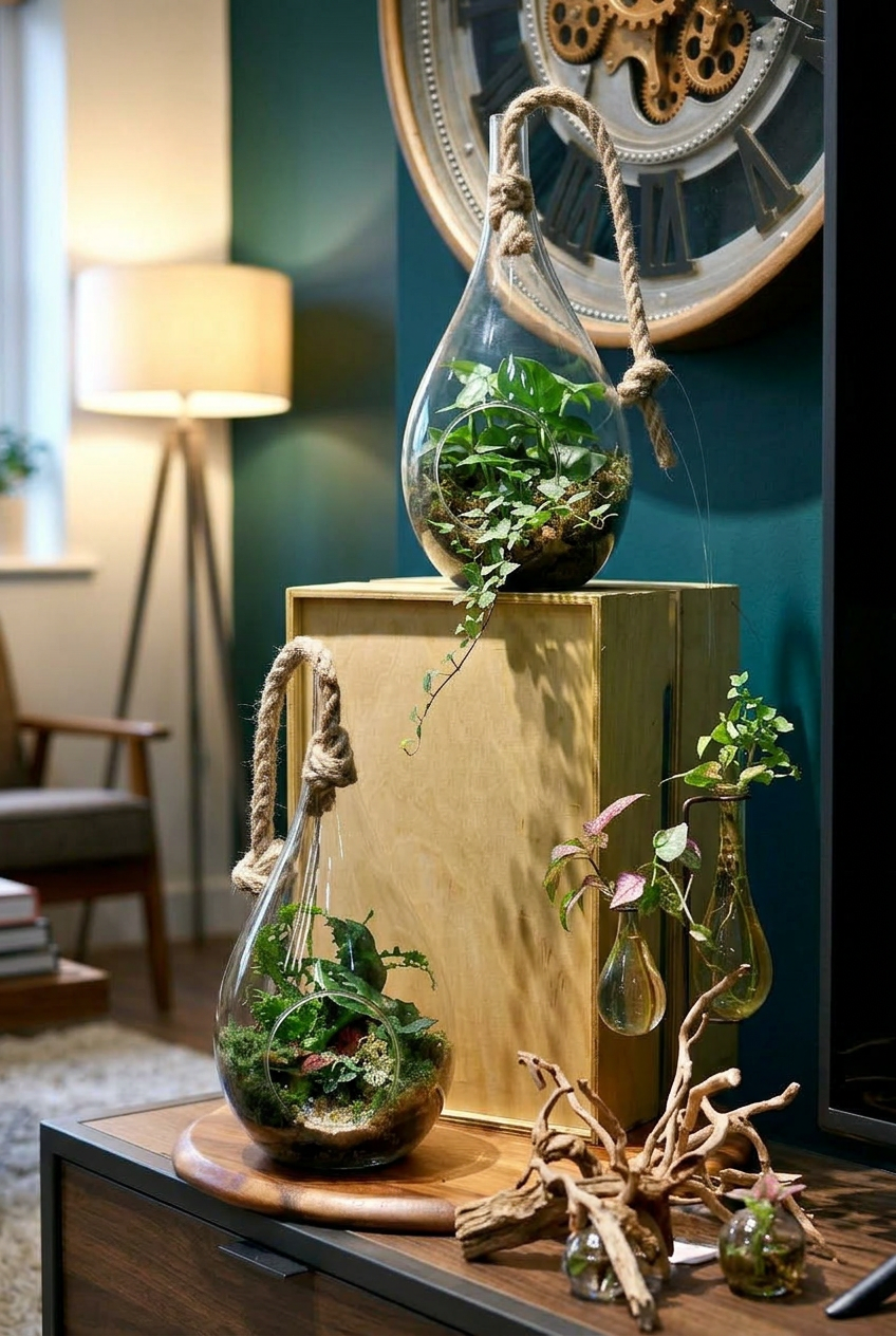 Hanging terrariums on a wooden surface with a decorative mirror in the background.