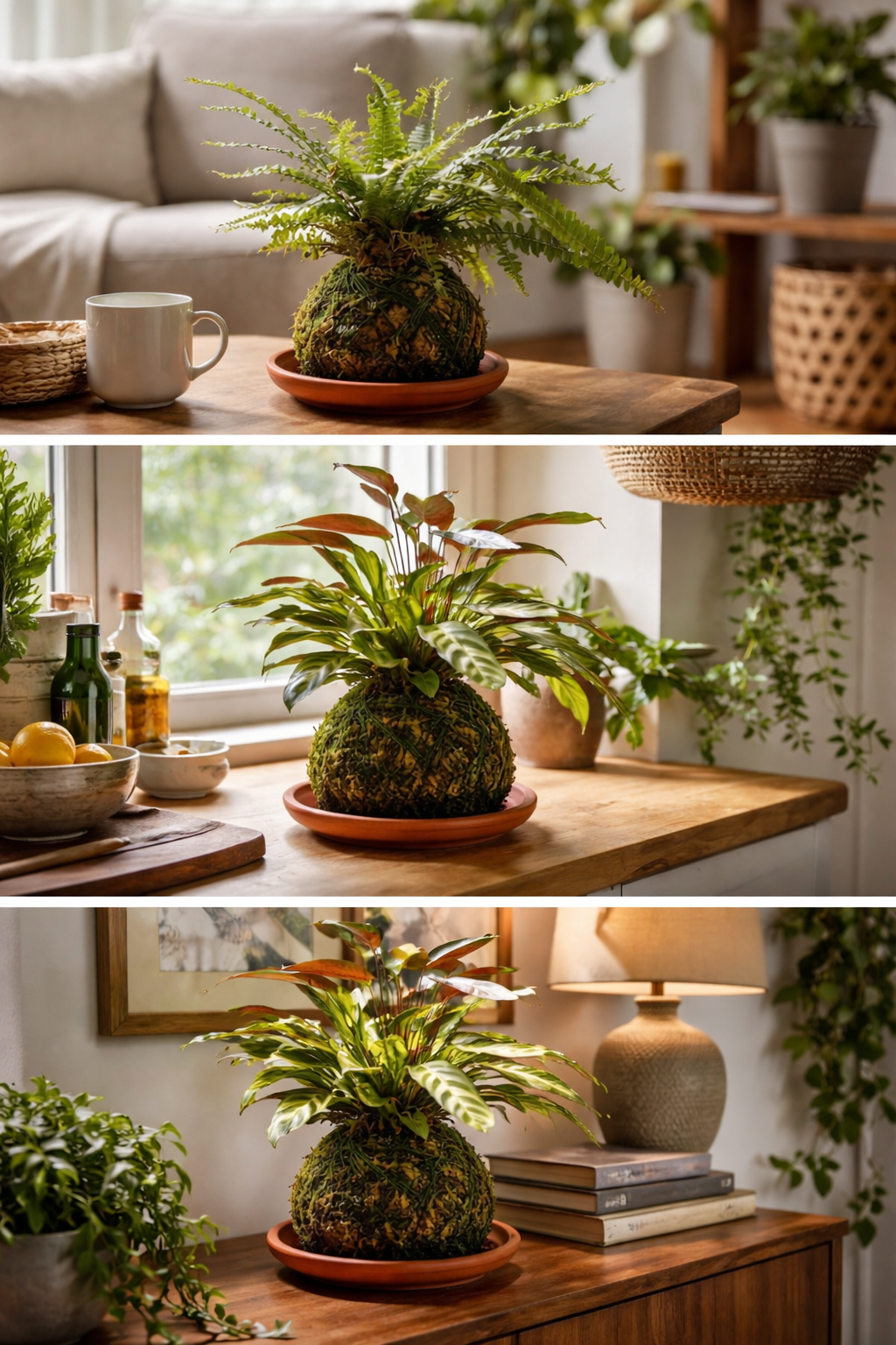 Kokedama plant on a wooden table with a cozy living room background