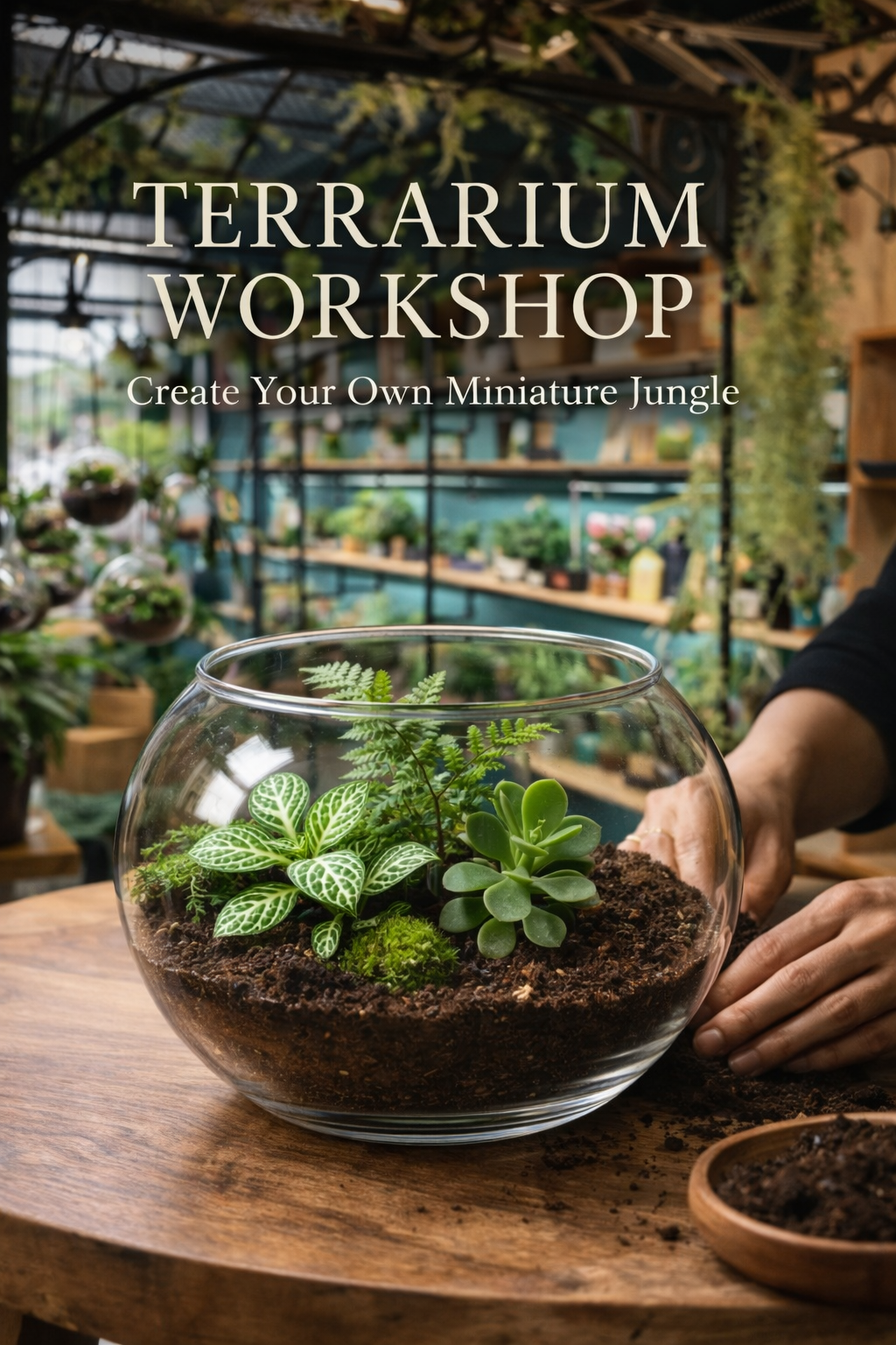 Terrarium workshop with a person creating a terrarium, set against a background of plants and gardening tools.