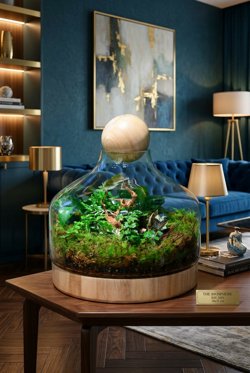 Terrarium on a wooden table in a stylish living room with blue walls and modern decor.